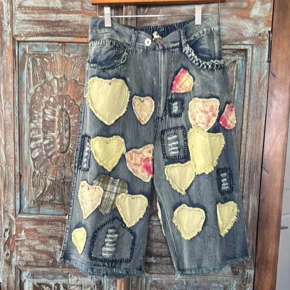 Blue Velvet Patchwork Denim Shorts/Jorts with Heart Accents - Picture 4 of 11